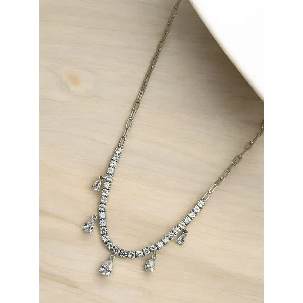 Sterling Silver Stunning CZ Drop Necklace Elegant Stylish Fashion Chic Glam NEW